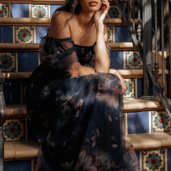 Baltic Born Cassandra Tulle Maxi Dress | Dark Blue Floral Size SS - Picture 3 of 5